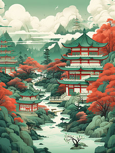 深红色红色插画图片_中国风景山水祖母绿和深红色10