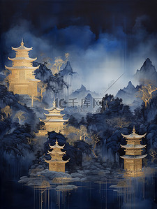 古老的背景插画图片_古老的帝国建筑山水哑光蓝色背景11