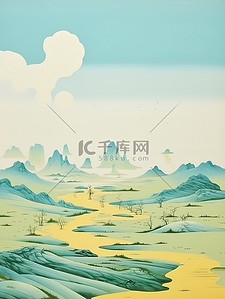 简约蓝色风插画图片_淡蓝色天空简约中国风山水画