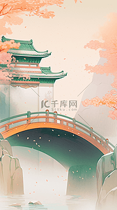 红色水彩风插画图片_水粉水彩国风桥中国风廊桥长廊