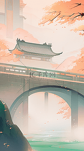 中式廊桥插画图片_水粉水彩国风桥中国风廊桥长廊