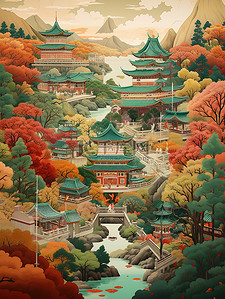 中国风景山水祖母绿和深红色9