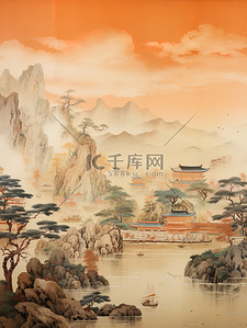 乡村景色插画图片_浅橙色乡村景色山水插画20