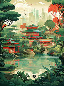 中国风景山水祖母绿和深红色20