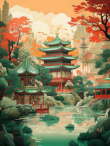 深红色红色插画图片_中国风景山水祖母绿和深红色15