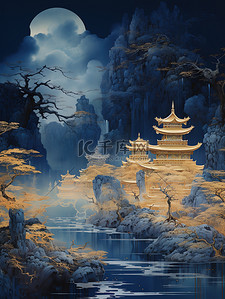 古老的背景插画图片_古老的帝国建筑山水哑光蓝色背景4