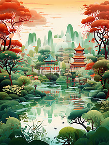 红色深红色插画图片_中国风景山水祖母绿和深红色6