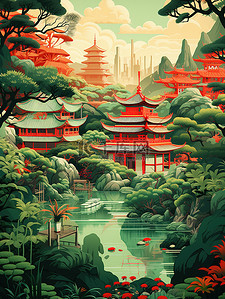 深红色红色插画图片_中国风景山水祖母绿和深红色4