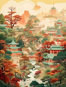 中国风景山水祖母绿和深红色3