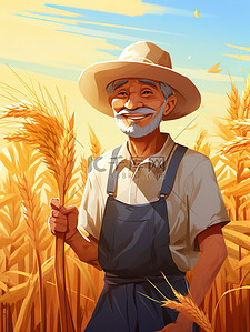 农民戴草帽的插画图片_戴着草帽的农民手里拿着小麦11