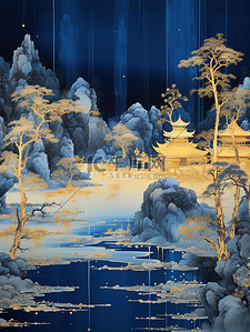 古老的背景插画图片_古老的帝国建筑山水哑光蓝色背景9