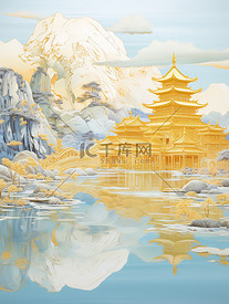 金色的中国建筑平静的山水诗意7