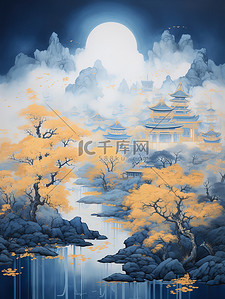 古老的背景插画图片_古老的帝国建筑山水哑光蓝色背景14