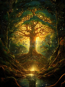 树冠插画图片_秋天的阳光透过森林15