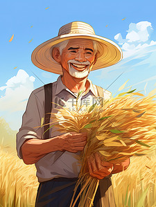 农民戴草帽的插画图片_戴着草帽的农民手里拿着小麦2