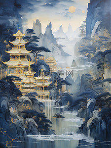 古老的帝国建筑山水哑光蓝色背景13