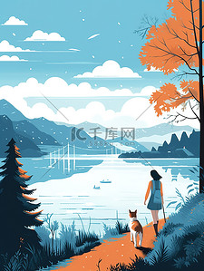湖边散步插画图片_女人和狗在湖边散步插图10