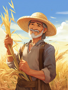 农民戴草帽的插画图片_戴着草帽的农民手里拿着小麦8