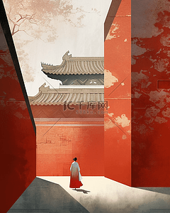 红蓝复古插画图片_中国风国潮城墙中国红复古插画