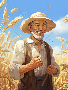 农民戴草帽的插画图片_戴着草帽的农民手里拿着小麦7