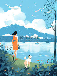 湖边散步插画图片_女人和狗在湖边散步插图14