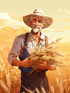 农民戴草帽的插画图片_戴着草帽的农民手里拿着小麦9
