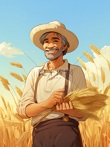 戴草帽的男插画图片_戴着草帽的农民手里拿着小麦17