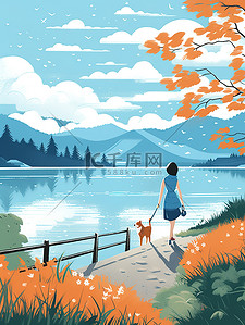 湖边散步插画图片_女人和狗在湖边散步插图5