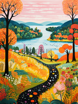 秋天森林湖泊秋天风景扁平插画17