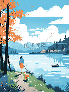 湖边散步插画图片_女人和狗在湖边散步插图6