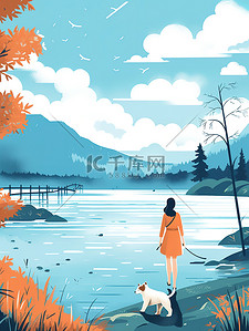 湖边散步插画图片_女人和狗在湖边散步插图1
