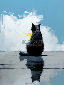 天蓝色纯色背景插画图片_天蓝色和黄色墙猫艺术插画12
