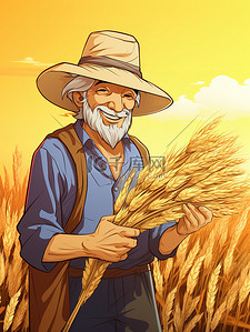 农民戴草帽的插画图片_戴着草帽的农民手里拿着小麦12
