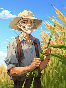 农民戴草帽的插画图片_戴着草帽的农民手里拿着小麦4