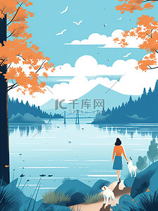 湖边散步插画图片_女人和狗在湖边散步插图3