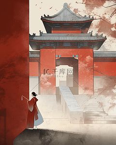 中国红插画图片_中国风国潮城墙中国红复古插画