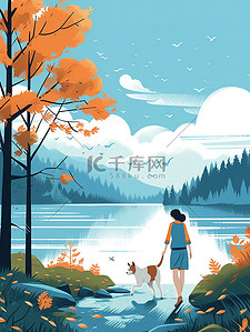 湖边散步插画图片_女人和狗在湖边散步插图2