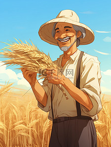 农民戴草帽的插画图片_戴着草帽的农民手里拿着小麦10