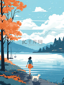 湖边散步插画图片_女人和狗在湖边散步插图18
