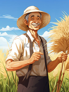 手里拎袋子插画图片_戴着草帽的农民手里拿着小麦13
