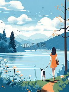 湖边散步插画图片_女人和狗在湖边散步插图9