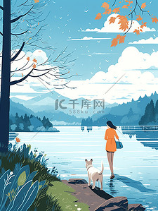 女人和狗在湖边散步插图12