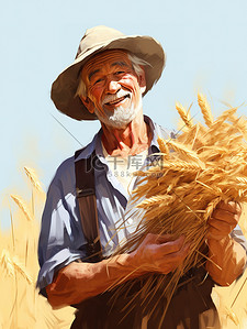 农民戴草帽的插画图片_戴着草帽的农民手里拿着小麦18