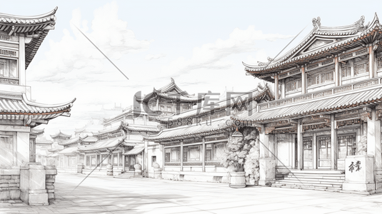 中国风手绘建筑线稿插画34