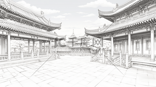 中国风手绘建筑线稿插画6