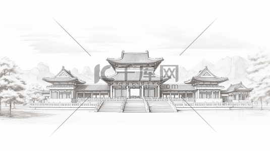 中国风手绘建筑线稿插画19