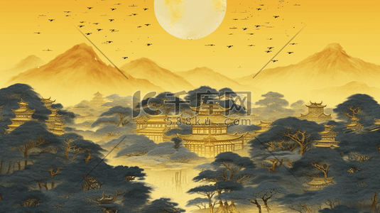 中国风古风传统山水插画图片_手绘国潮亭台楼阁山水插画6