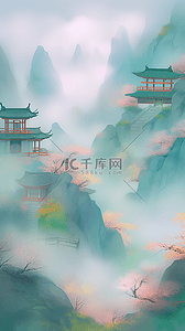 国潮中国风点彩中式青山园林景观