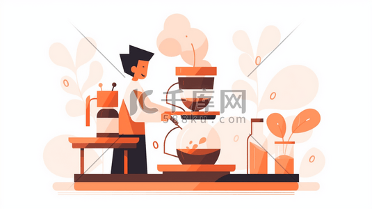 调咖啡插画图片_扁平化咖啡师在厨房冲调咖啡插画16