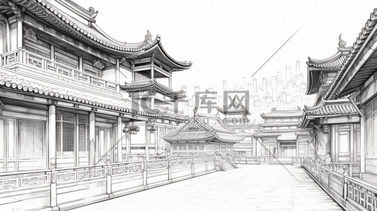 稿线插画图片_中国风手绘建筑线稿插画18